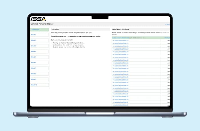 An image of the lesson overview dashboard in the online ISSA course, on a computer screen.